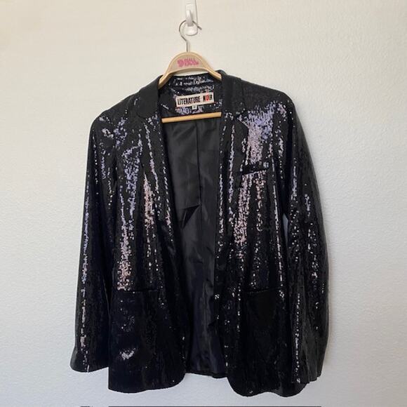 Literature Noir Black Sequin Blazer Formal Lined Pockets Open Front Women's M - Picture 13 of 13